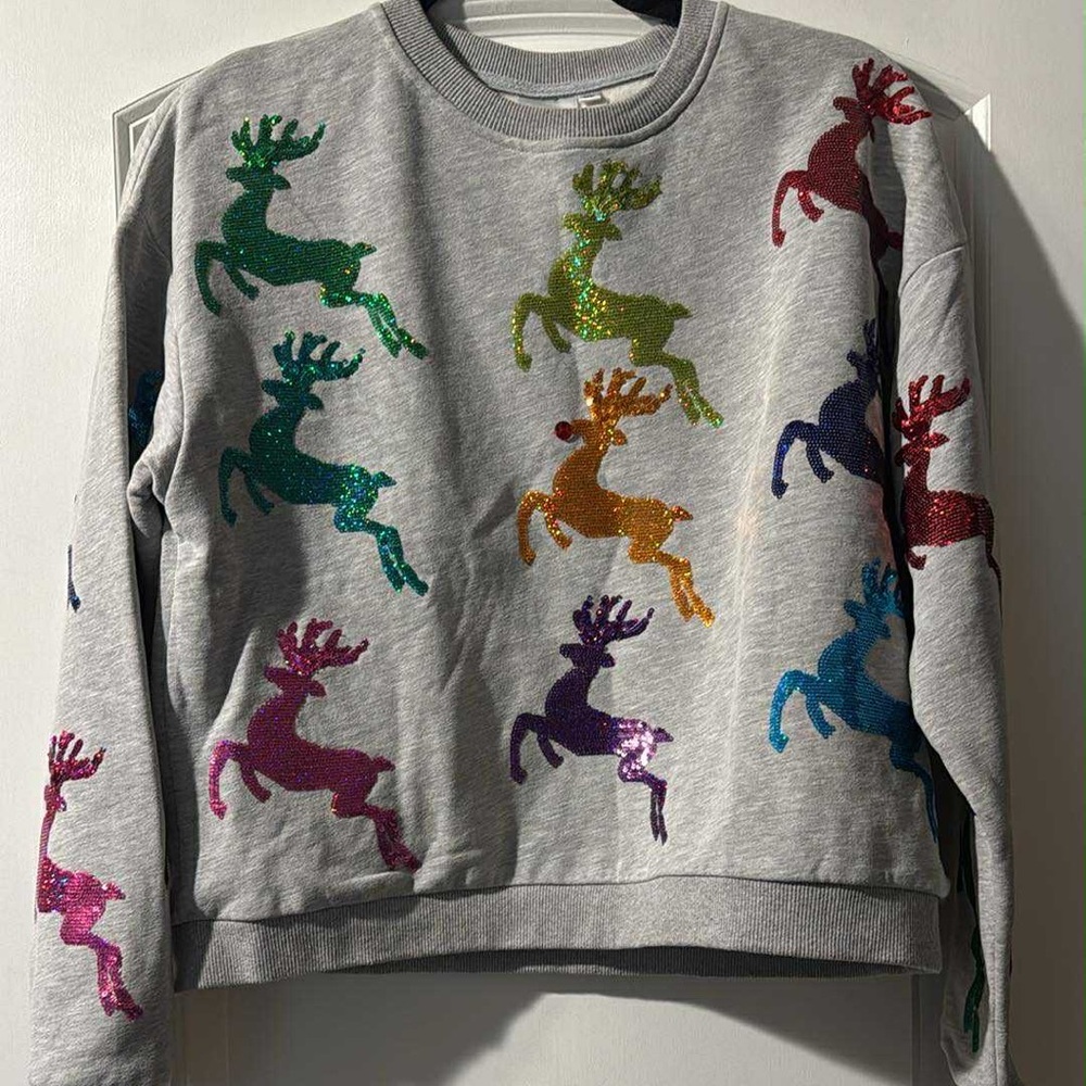 Queen of Sparkles Colorful Reindeer Sequin Sweatshirt